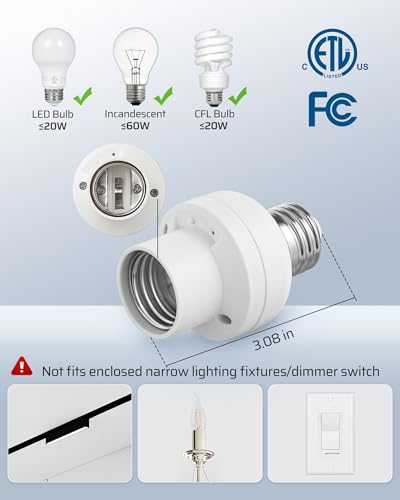 DEWENWILS Remote Control Light Bulb Socket, Wireless Light Switch for Pull Chain Light Fixture, E26 E27 Bulb Base, No Wiring, ETL Listed(1 Wall Mounted Switch+2 Socket) - Image 4