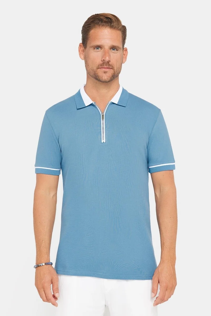 تودورس Men's Slim Fit Slim Cut 100% Cotton Plain Pique Zippered Blue Polo Neck T-Shirt