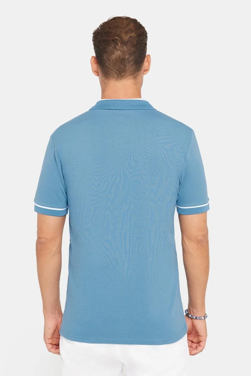 تودورس Men's Slim Fit Slim Cut 100% Cotton Plain Pique Zippered Blue Polo Neck T-Shirt