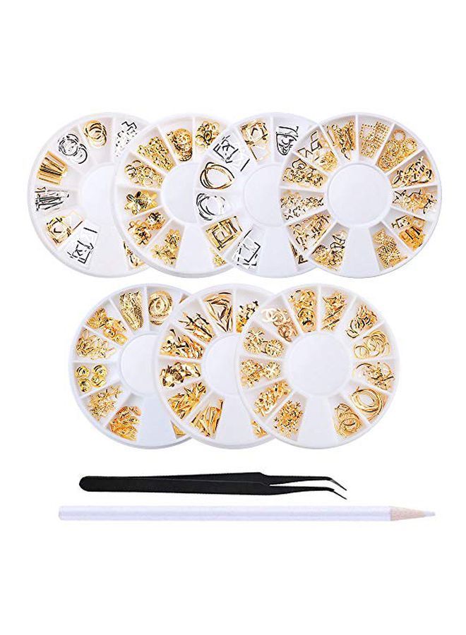 7-Piece 3D Punk Metal Rivet Shell Feather Nail Art Jewels With Tweezers And Picker Pencil Gold/Silver