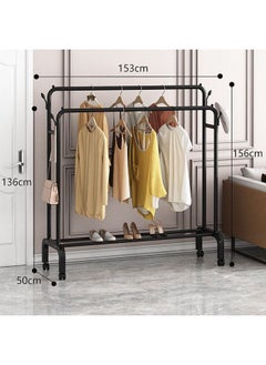 Generic Bold Hanger Floor Drying Rack Household Indoor Folding Vertical Clothes Shelf Simple Wardrobe Storage-Colour:Black  Double Rod 1.5m Arch + Coat Hook  - Image 1
