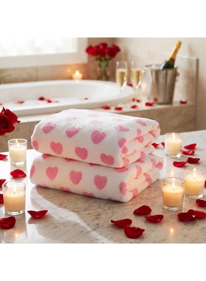 Frienda 2 Pcs Valentine Hearts Bath Hand Towels Set 55 x 28 Inch Red Pink Hearts Soft Cotton Bath Towels for Travel Swim Bathroom Shower Supplies (Pink) - Image 5
