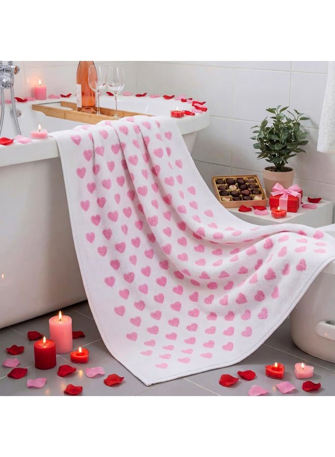 Frienda 2 Pcs Valentine Hearts Bath Hand Towels Set 55 x 28 Inch Red Pink Hearts Soft Cotton Bath Towels for Travel Swim Bathroom Shower Supplies (Pink) - Image 4