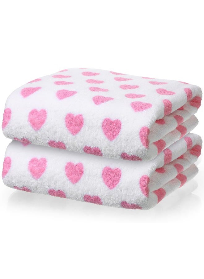 Frienda 2 Pcs Valentine Hearts Bath Hand Towels Set 55 x 28 Inch Red Pink Hearts Soft Cotton Bath Towels for Travel Swim Bathroom Shower Supplies (Pink) - Image 1