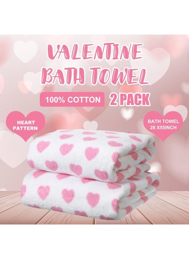 Frienda 2 Pcs Valentine Hearts Bath Hand Towels Set 55 x 28 Inch Red Pink Hearts Soft Cotton Bath Towels for Travel Swim Bathroom Shower Supplies (Pink) - Image 3