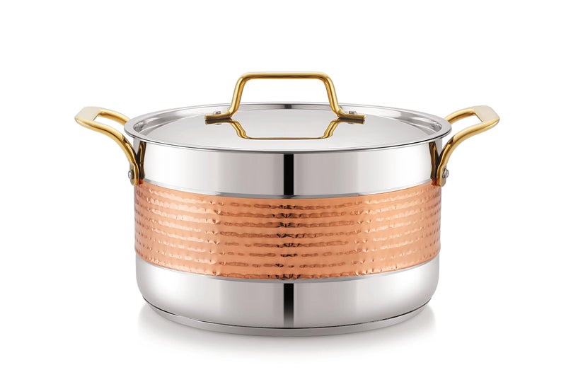 Sonu Quantum Series Stock Pot with Hammered Copper Band, Stainless Steel Biryani Pot with Gold Handles and Lid 2400 ML Capacity (18)