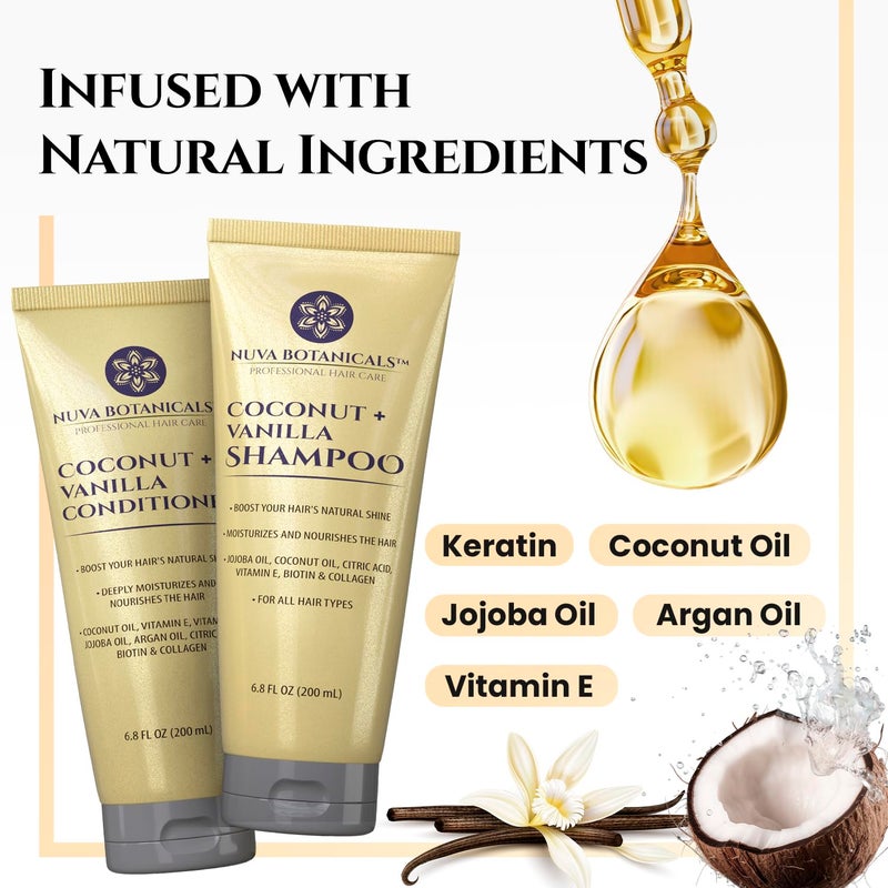 Nuva Botanicals Coconut Shampoo and Conditioner, Vanilla Shampoo and Conditioner with Biotin and Collagen- Moisturizing Shampoo and Conditioner Set with Jojoba Oil, Argan Oil and Vitamin E(6.8oz each) - Image 3