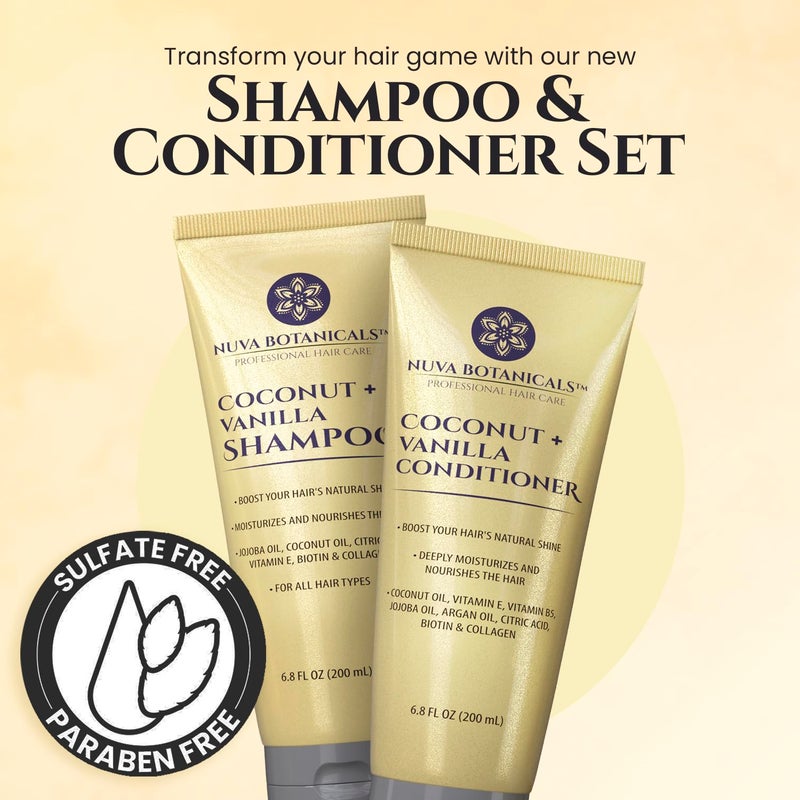 Nuva Botanicals Coconut Shampoo and Conditioner, Vanilla Shampoo and Conditioner with Biotin and Collagen- Moisturizing Shampoo and Conditioner Set with Jojoba Oil, Argan Oil and Vitamin E(6.8oz each) - Image 5