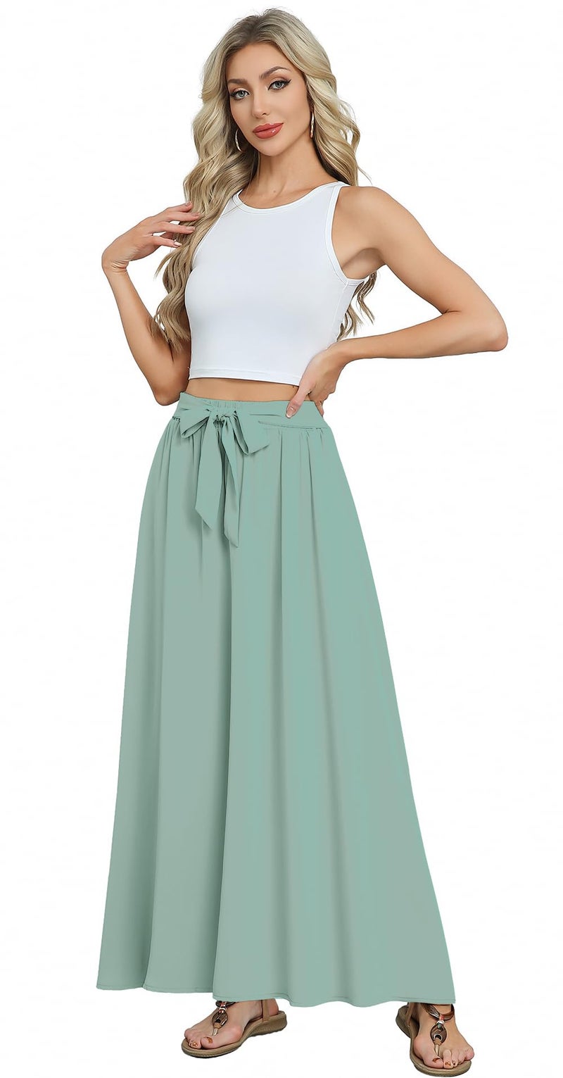 Askyes Womens Long Skirts Summer Beach Cute Flowy High Waisted Casual Maxi Skirts with Pockets,Bamboo Green,M - Image 4