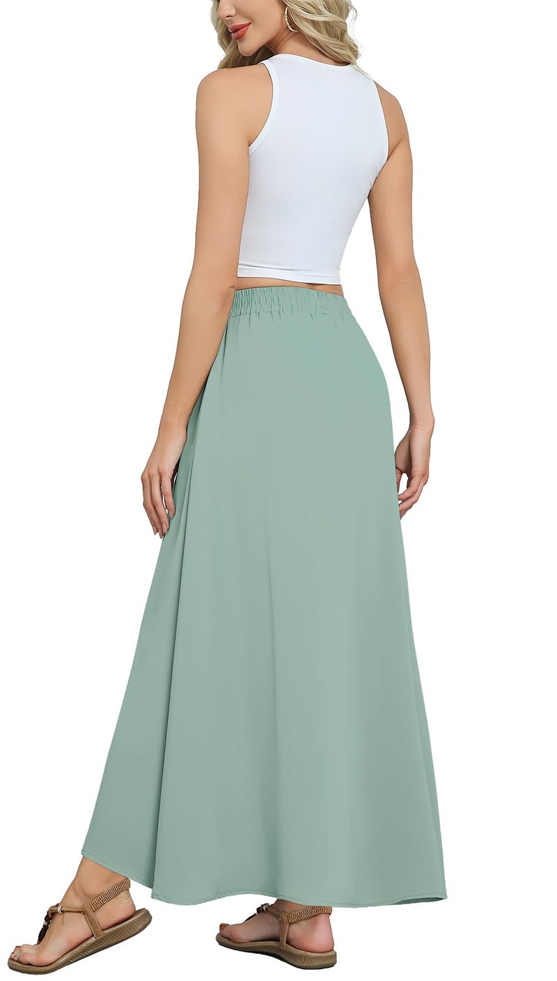 Askyes Womens Long Skirts Summer Beach Cute Flowy High Waisted Casual Maxi Skirts with Pockets,Bamboo Green,M - Image 1