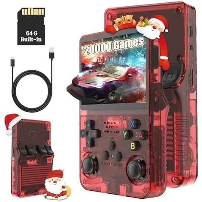 R36S RETRO HANDHELD GAME CONSOLE, PORTABLE GAMING SYSTEM WITH 20000 GAMES, 64G BUILT-IN MEMORY, RED TRANSPARENT DESIGN, USB CHARGING CABLE - Image 1