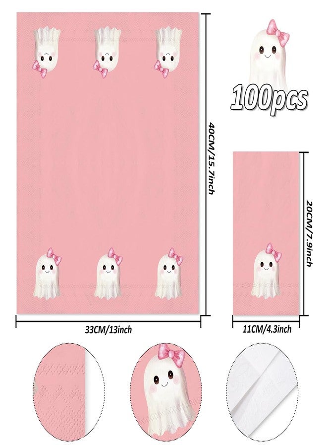 JarThenaAMCS 100Pcs Halloween Guest Napkins Pink Bow Ghost Disposable Napkin Cute Cartoon Boo Dinner Paper Napkins for Halloween Tableware Supplies - Image 2