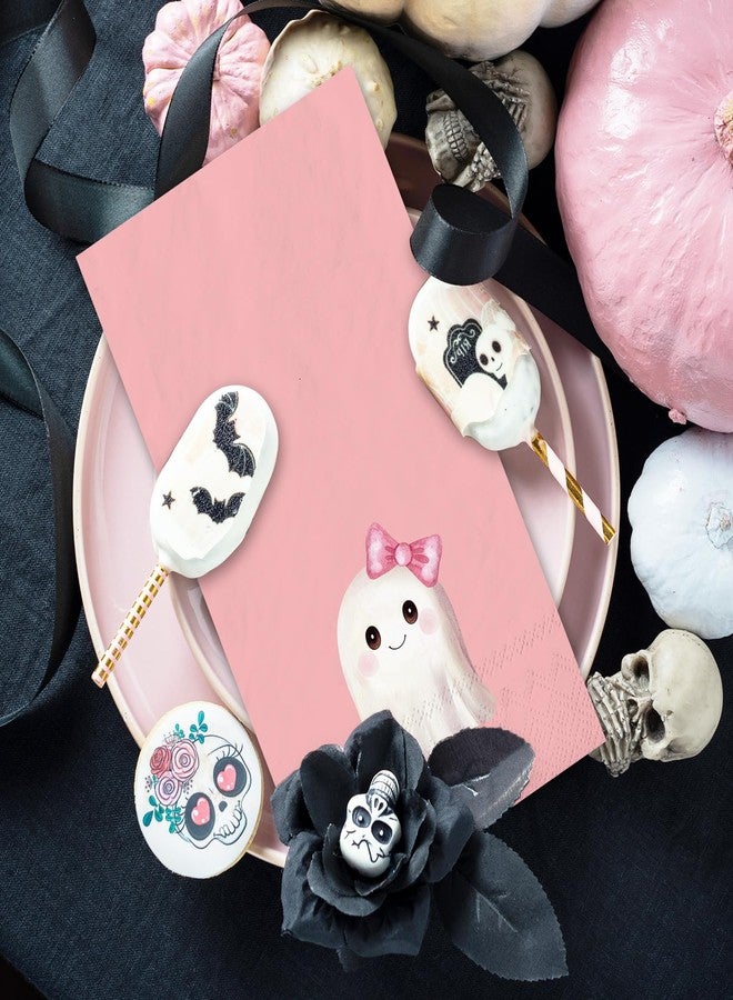 JarThenaAMCS 100Pcs Halloween Guest Napkins Pink Bow Ghost Disposable Napkin Cute Cartoon Boo Dinner Paper Napkins for Halloween Tableware Supplies - Image 4
