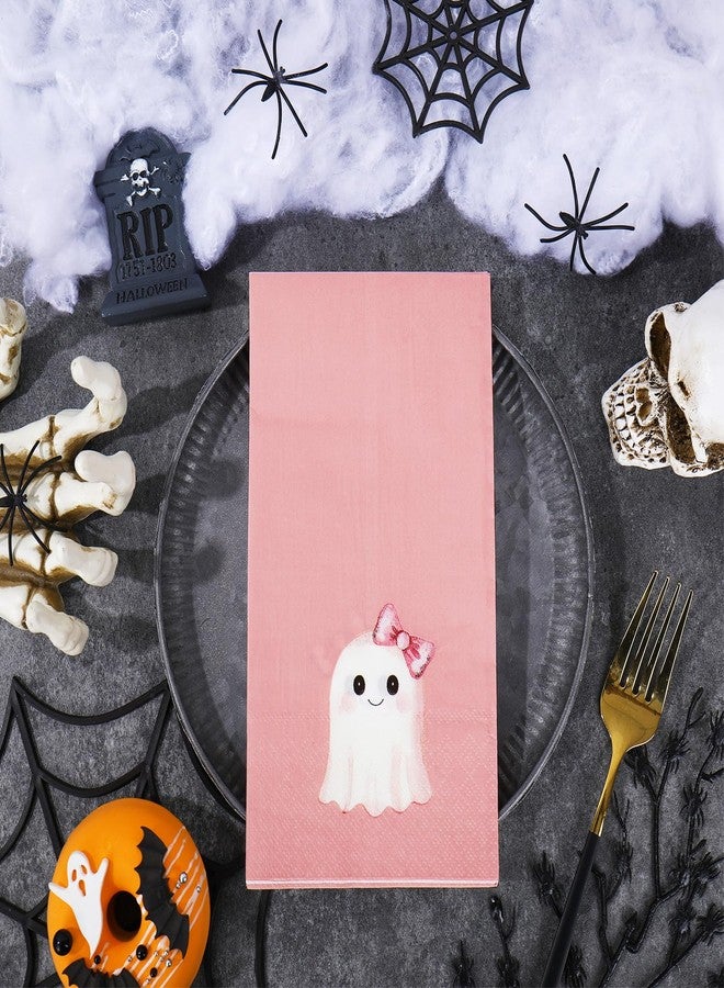 JarThenaAMCS 100Pcs Halloween Guest Napkins Pink Bow Ghost Disposable Napkin Cute Cartoon Boo Dinner Paper Napkins for Halloween Tableware Supplies - Image 3