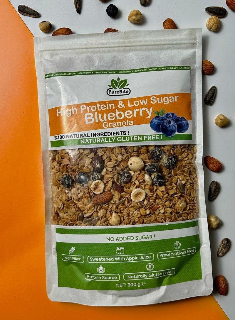PURE BITE High Protein(Whey Protein added)-Low Sugar Blueberry Granola, No added Sugar, Gluten Free, Sweetened with Apple - Image 1