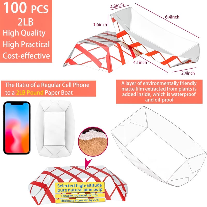 MotBach 100 Pack 2Lb Paper Food Boat Trays Disposable Paper Boat Plate Containers, Kraft Food Serving Tray Boats Baskets Bowls for Snack Popcorn Dessert BBQ Hot Dog Sandwich Burger Taco Fries Nacho - Image 2