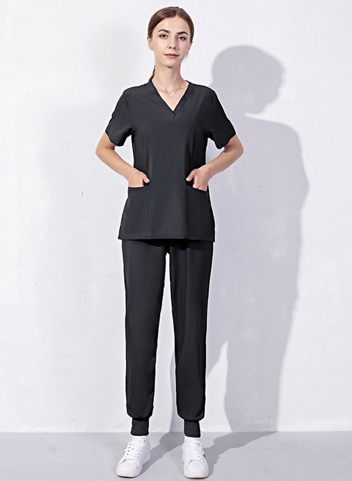 Loquat Medical Uniform Scrubs Set V-Neck Top and Loose Jogger Pants Suit Black