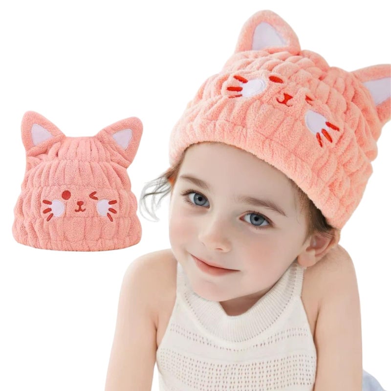 LCBD Microfiber Hair Towel Wrap for Kids, Pink Cat Dry Hair Cap Suck Water, Absorbent Quick Girls Boys Hair Drying Towel, Lightweight Bouncy Hat Headscarf - Image 1