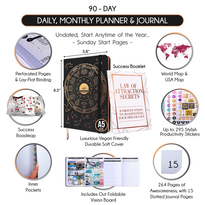Freedom Mastery Manifestation Journal - 5 Minute Manifesting & Self Care Journal | 90-Day Undated Daily Planner for Positivity, Affirmations & Gratitude | Guided Mindfulness, Reflection | Vision Board + Stickers - Image 2
