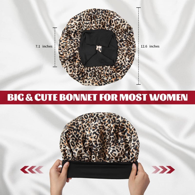 ZHENSILK 2Pcs Satin Bonnet for Sleeping, Silk Hair Bonnets, Soft Elastic Band Silk Sleep Cap, Hair Wrap for Women(Black Leopard) - Image 2