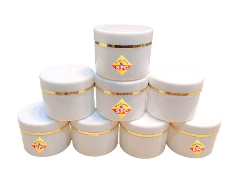 SPC وعاء تجميل بلاستيكي فارغ أبيض مع غطاء بخطوط ذهبية لبلسم الشفاه وزبدة الجسم والكريمات والسكربات ومنتجات التجميل الأخرى (50 جرام) (عبوة من 8 قطع) - Image 1