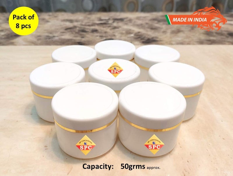 SPC وعاء تجميل بلاستيكي فارغ أبيض مع غطاء بخطوط ذهبية لبلسم الشفاه وزبدة الجسم والكريمات والسكربات ومنتجات التجميل الأخرى (50 جرام) (عبوة من 8 قطع) - Image 2