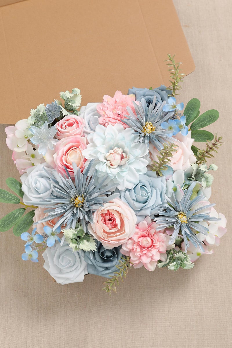 Koroni Flowers مجموعة زهور كوروني الصناعية باللون الأزرق والوردي - ورود وهمية زهور الفاوانيا الحريرية مع سيقان لباقات الزفاف DIY ترتيب الأزهار قطع مركزية للطاولة استحمام الطفل ديكور المنزل - Image 2