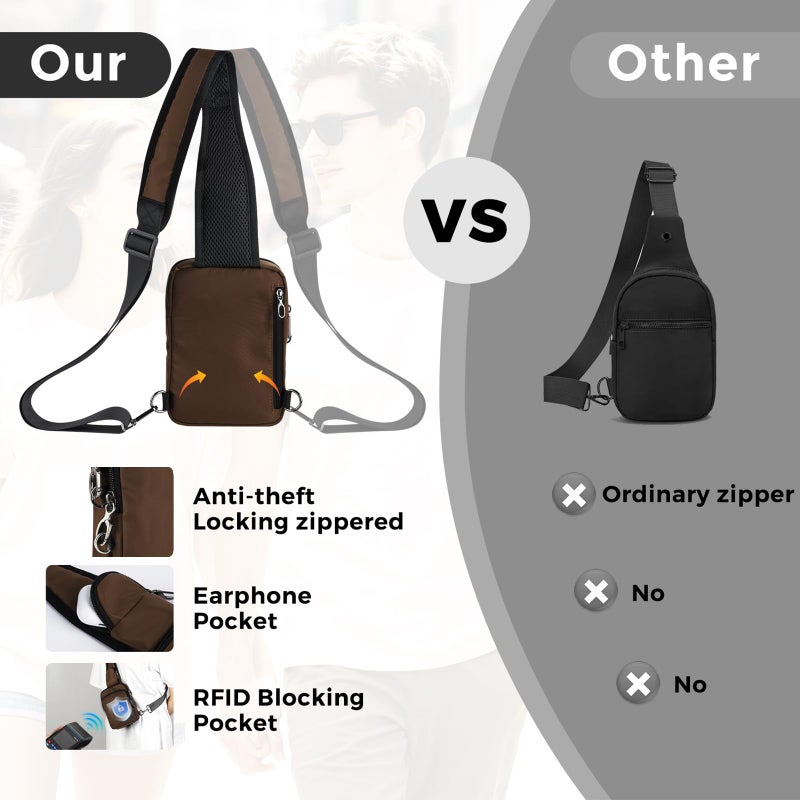 VADOO Sling Bag, Crossbody Bag with Zipper Lock, RFID Blocking & Water Resistant for Men and Women(Brown) - Image 5
