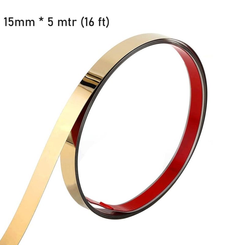 VICTAC Flexible Self-Adhesive Stainless steel PVD coated 8K Mirror Gold finish Flat trim patti Strip profile 15 mm x 16.4ft(5mtr) Pack of 1 roll for wall Decoration, Furniture, Highlighters - Image 2