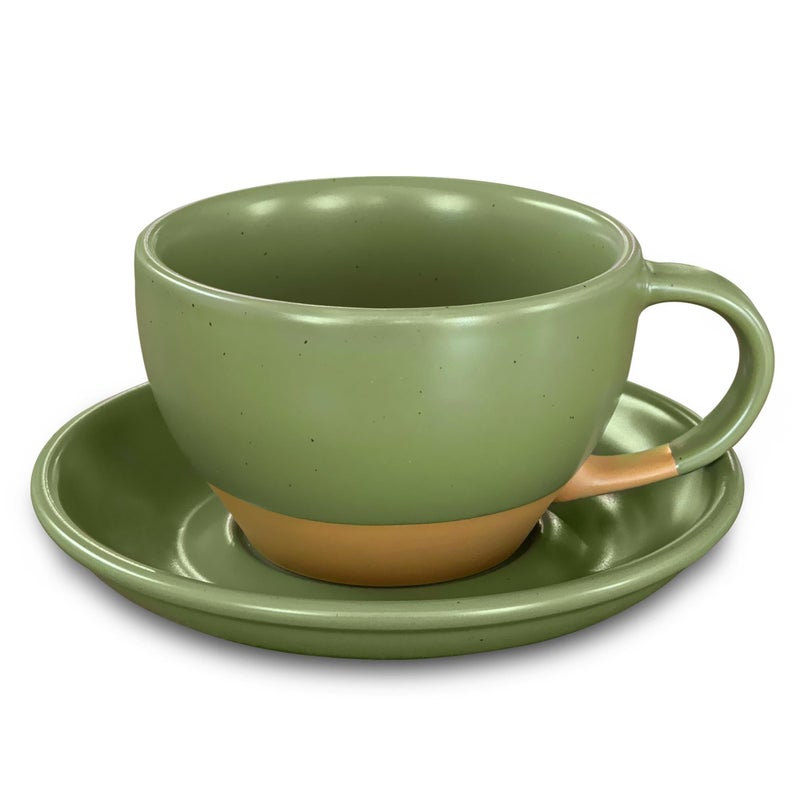 Mora Ceramic Latte Art Mug With Saucer - 10.5 oz, Round Bottom For Perfect Pours - Cafe Cups for Cappuccino, Espresso, Coffee, Tea etc - Porcelain Set for Baristas, Great Gift - Moss Green - Image 1