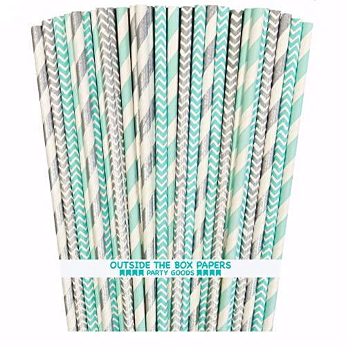 Outside the Box Papers Light Blue and Silver Stripe and Chevron Paper Straws 7.75 Inches 100 Pack Light Blue, Silver, White - Image 1