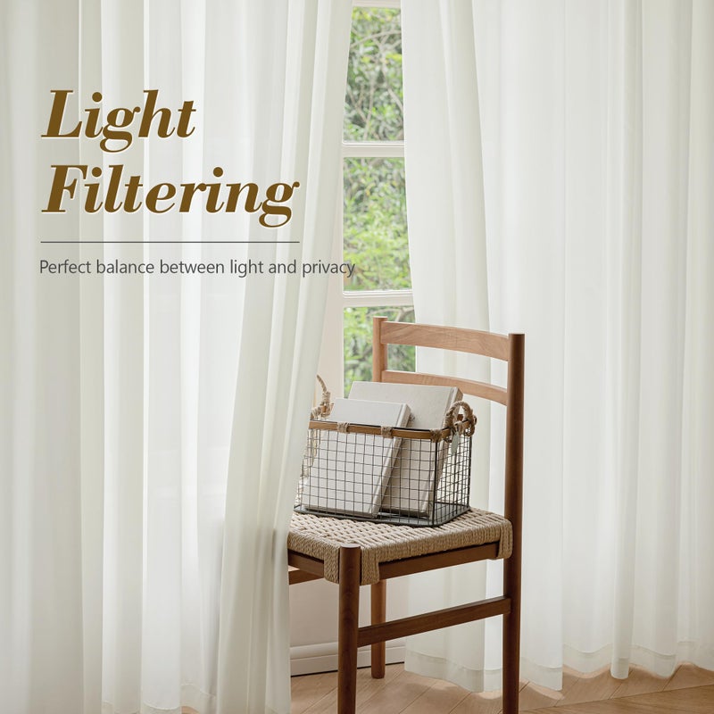 FMFUNCTEX Sheer Non-See-Through Netural Beige Curtains for Bedroom, Faux Silk That Let Light Curtains 90 inches Long Light Filtering Privacy Sheer Drapes for Living Room, Rod Pocket 2 Panels Set - Image 5