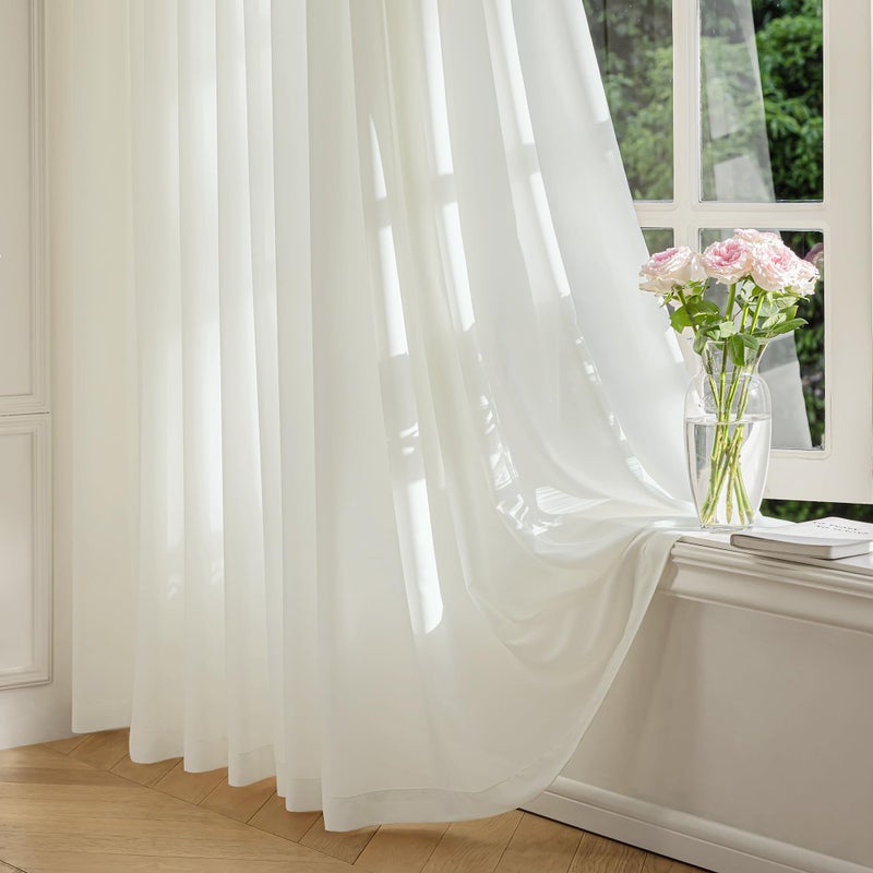 FMFUNCTEX Sheer Non-See-Through Netural Beige Curtains for Bedroom, Faux Silk That Let Light Curtains 90 inches Long Light Filtering Privacy Sheer Drapes for Living Room, Rod Pocket 2 Panels Set - Image 1