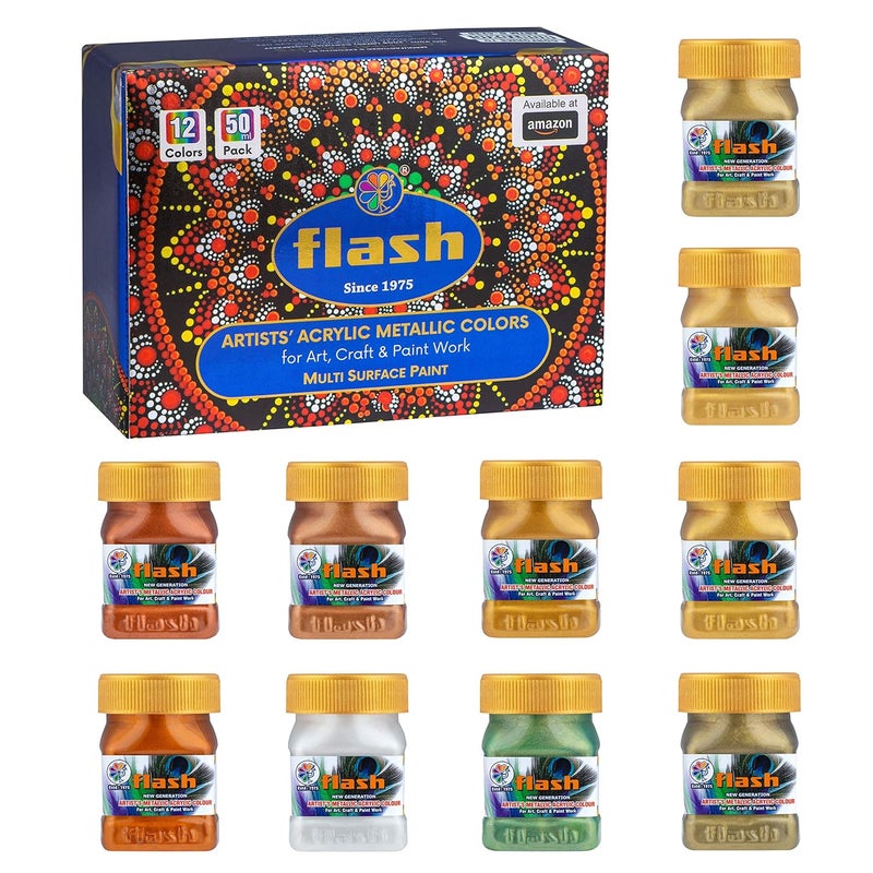 Flash Flash Premium Solid Metallic Acrylic Colour Set | 12 Metallic Painting Color Set | 50 ml, 1.7 fl oz Each | High Pigment Strength | Non Fading | Indoor/Outdoor | Non Toxic | Multi-Surface Paint | Pro Artist, Hobby Painters & Kid | Made In India (Premium Metallic-Set of 12 Colors)  - Image 1