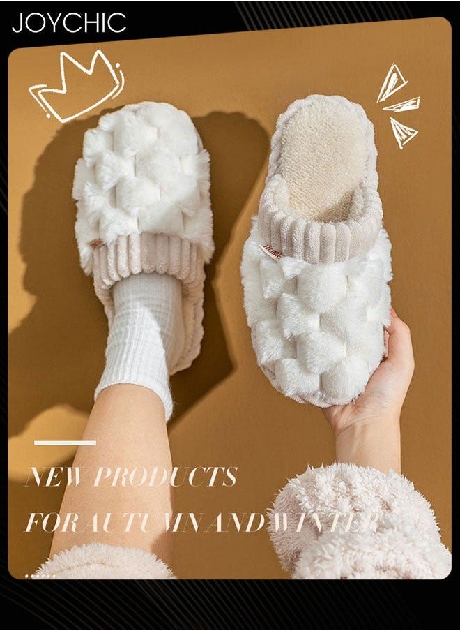 NIBEMINENT - Female Autumn and Winter Home Flat Slippers Cotton Warm Windproof Breathable Anti-slip Bedroom for Women White - Image 1