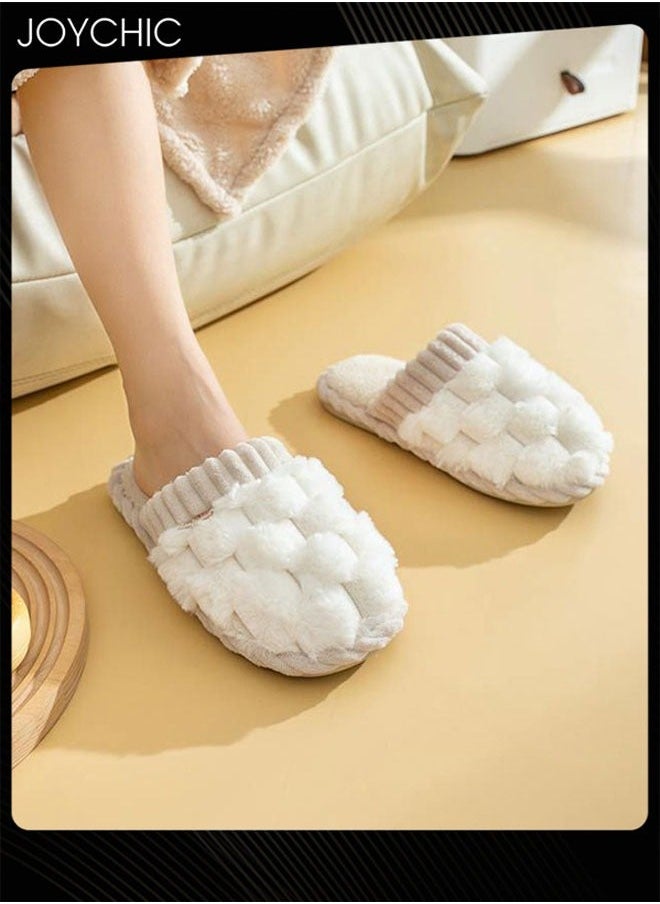 NIBEMINENT - Female Autumn and Winter Home Flat Slippers Cotton Warm Windproof Breathable Anti-slip Bedroom for Women White - Image 1