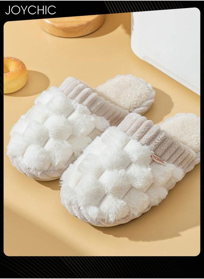 NIBEMINENT - Female Autumn and Winter Home Flat Slippers Cotton Warm Windproof Breathable Anti-slip Bedroom for Women White - Image 1