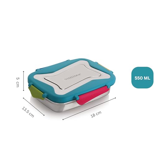 STEELLOCK Smart Stainless Steel Tiffin Lunch Box for Kids and Adults | Airtight & Leakproof | Rectangle Tiffin Box for School & Office with Steel Lid | Romeo 550ml - 2pc - Image 5