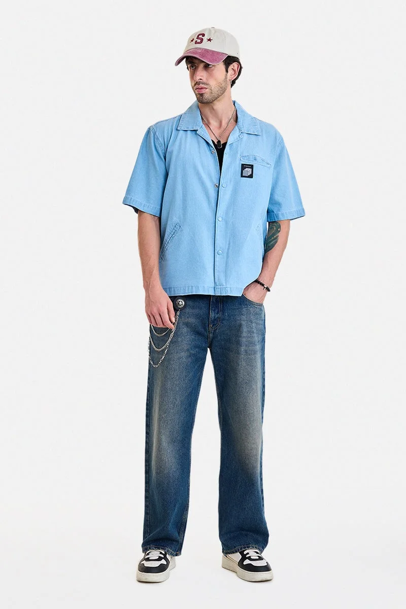 SNITCH Light Blue Solid Half Sleeve Oversized Shirt
