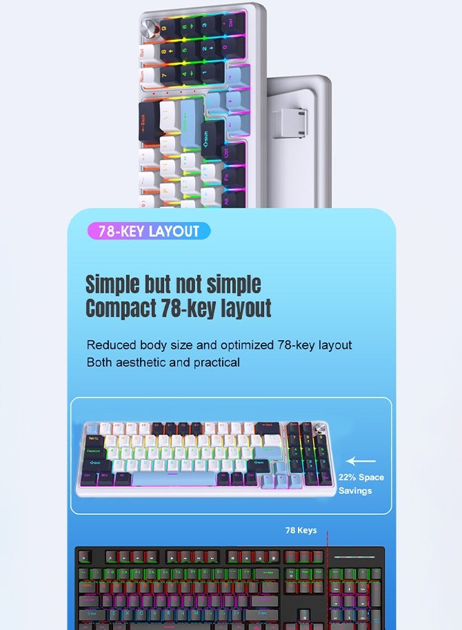 Gaming Mechanical Keyboard 78 Keys three-color keycaps  with Ergonomic Design and Waterproof，All Keys Without Conflict and Removable USB Wired Gaming Keyboard,High-performance keyboard for Gamers and Office use with Metal volume knob