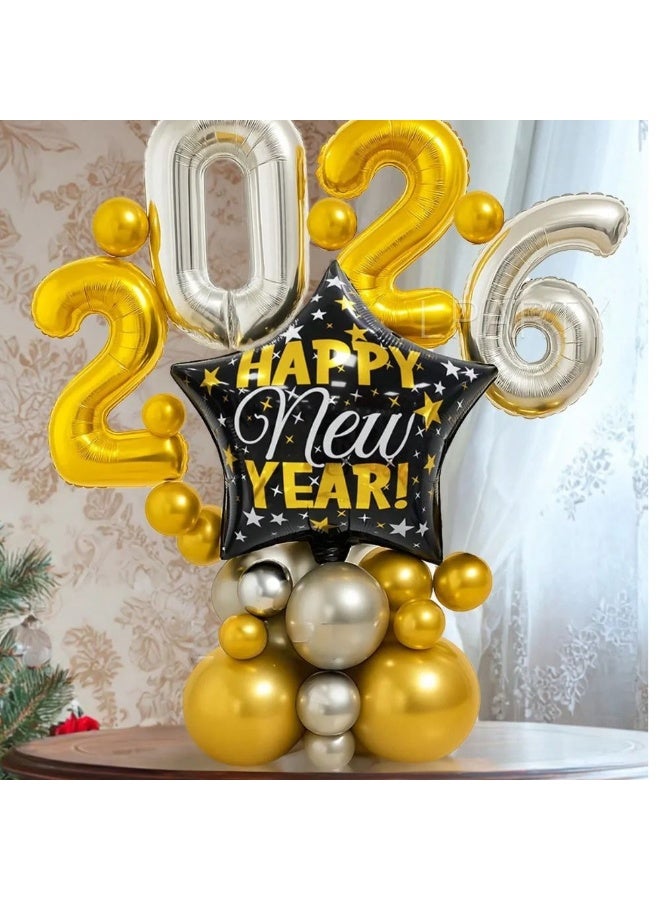 زينه العام الجديد مجموعه من 25 قطعه تحتوي على بالونات بارقام العام الجديد 2026 وبالونات لاتكس باللون الفضي والذهبي وبالون المنيوم مناسب كخلفية للتصوير وتزيين الحفلات للاحتفال بالعام  الجديد - Image 1