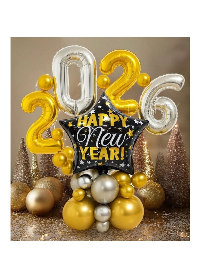 زينه العام الجديد مجموعه من 25 قطعه تحتوي على بالونات بارقام العام الجديد 2026 وبالونات لاتكس باللون الفضي والذهبي وبالون المنيوم مناسب كخلفية للتصوير وتزيين الحفلات للاحتفال بالعام  الجديد - Image 2