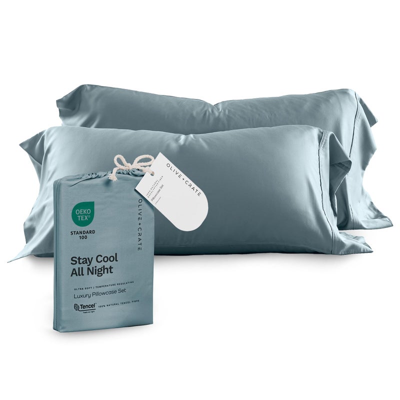 Olive Crate Tencel Eucalyptus Pillowcases 100 Tencel Lyocell Cooling Pillow Cases for Hot Sleepers Hypoallergenic MoistureWicking Silk Alternative Vegan Standard Size Set of 2 Basalt Blue