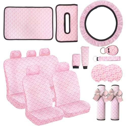 JINGSEN 15 Pcs Pink Butterfly Car Steering Wheel Cover Center Console Armrest Pad Headrest Seat Belt Cover Handbrake Cover Keychain Coaster Full Set Car SUV - Image 1