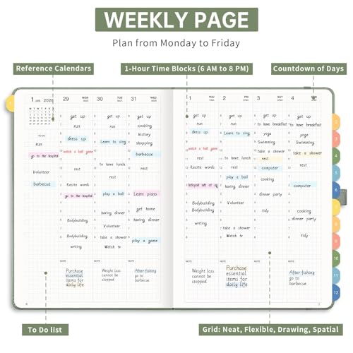 LOAPEM 2026 Planner, Appointment Book, Hourly, Daily, Weekly and Monthly, Jan 2026 - Dec 2026, Medium Size (5.7" x 8.3"), 2026 Calendar, Leather Hardcover, 12 Self-Adhesive Monthly Tabs (Light Green) - Image 3