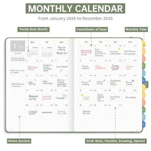 LOAPEM 2026 Planner, Appointment Book, Hourly, Daily, Weekly and Monthly, Jan 2026 - Dec 2026, Medium Size (5.7" x 8.3"), 2026 Calendar, Leather Hardcover, 12 Self-Adhesive Monthly Tabs (Light Green) - Image 2