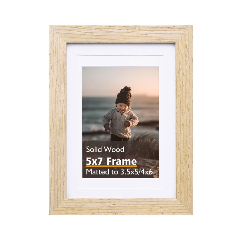 KINLINK 5x7 Picture Frame Natural Wood Frame with Acrylic Plexiglass for Pictures 4x6 with Mat or 5x7 without Mat Tabletop and Wall Mounting Display 1 Pack