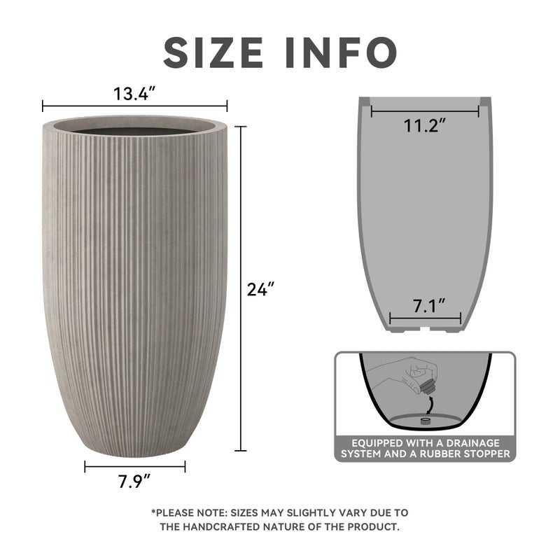 Kante 24 Inch Tall Round Concrete Planter, Large Indoor Outdoor Plant Pots with Drainage Hole and Rubber Plug, Modern Decorative Garden Pots for Home Patio Porch, Textured Weathered Concrete - Image 2