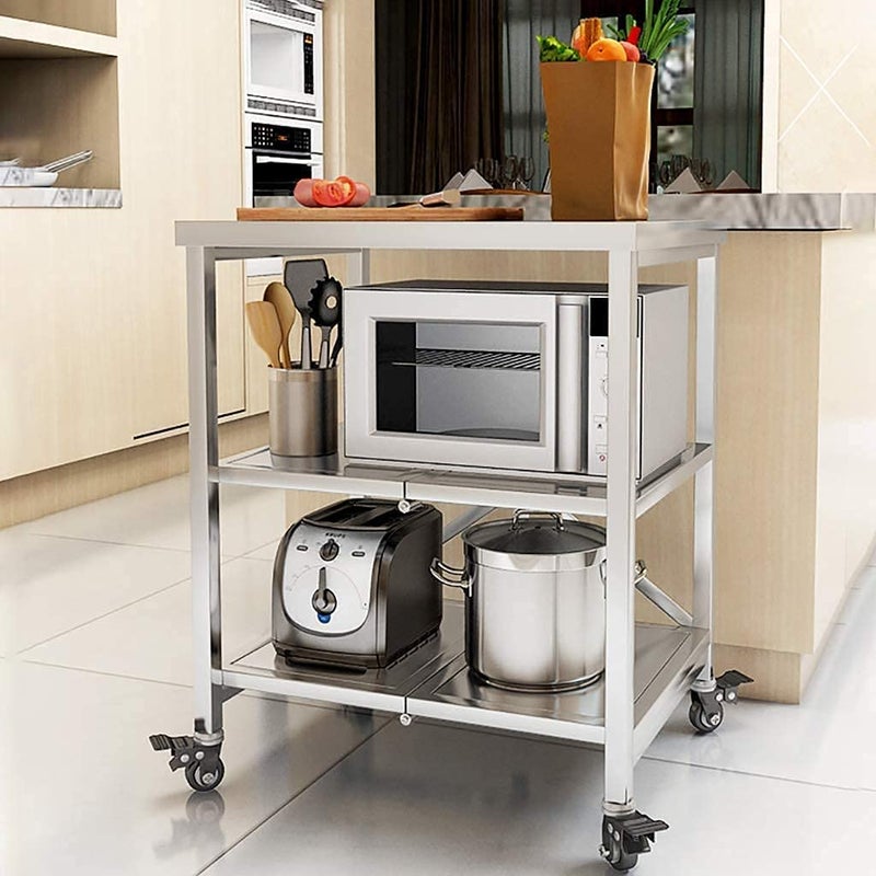 INDIAN DECOR INDIAN DECOR 55897 Kitchen Rolling Cart Stainless Steel Kitchen Bakers Rack Utility Storage Shelf Metal Frame and Lockable Wheels Industrial Microwave Stand Silver  - Image 1