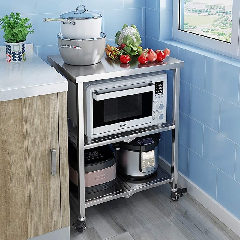 INDIAN DECOR INDIAN DECOR 55897 Kitchen Rolling Cart Stainless Steel Kitchen Bakers Rack Utility Storage Shelf Metal Frame and Lockable Wheels Industrial Microwave Stand Silver  - Image 4